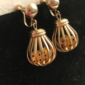 Vintage Signed Coro Dice in Cages screwball earrings 1 1/2 inches long Gold tone